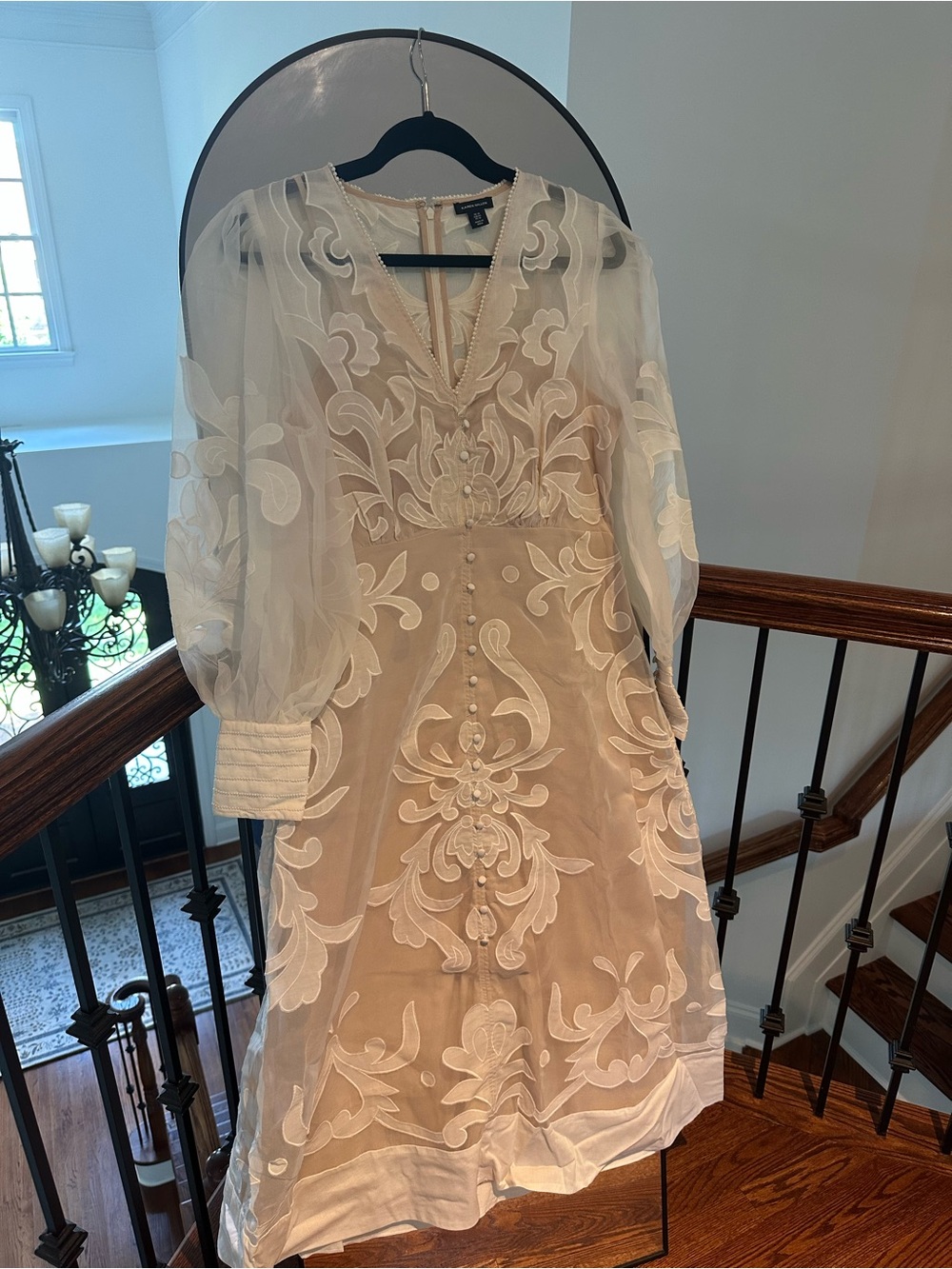 Karen Millen AppliquΓ© Organdie Midi Dress with Sheer Puff Sleeves
